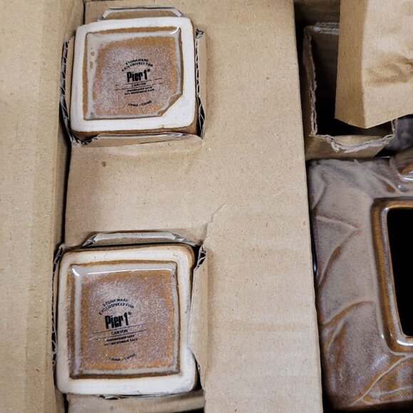 Pier 1 Stoneware Canyon Tea Set Teapot 4 Cups New in Box Brown Square Abstract - Picture 4 of 8